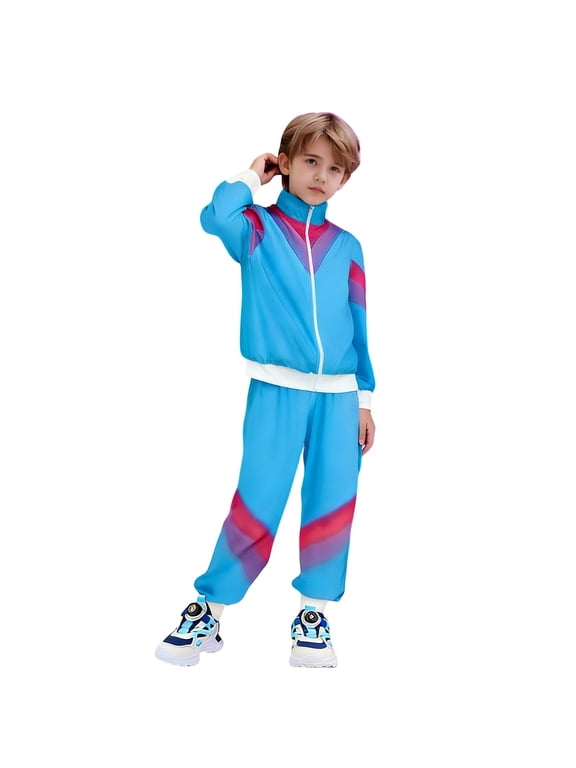 Kids 80s 90s Retro Windbreaker Track Suit Set - Neon Jacket & Pants, Hop Dance & Workout Outfit, Unisex Halloween, Party & Casual Athletic Wear (Blue,8-9 Years)