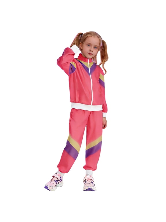 Kids 80s 90s Retro Windbreaker Track Suit Set - Neon Jacket & Pants, Hop Dance & Workout Outfit, Unisex Halloween, Party & Casual Athletic Wear (Pink,6-7 Years)