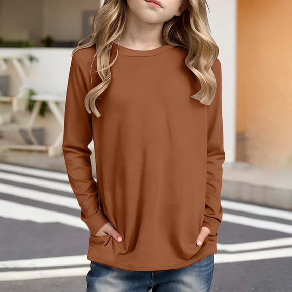 Letdown Kids Girls Long Sleeve Shirts Crew Neck Solid Side Pockets Baggy Tops Casual Tee Tshirts Cute Spring Fall Blouse Tees (Brown,7-8 Years)