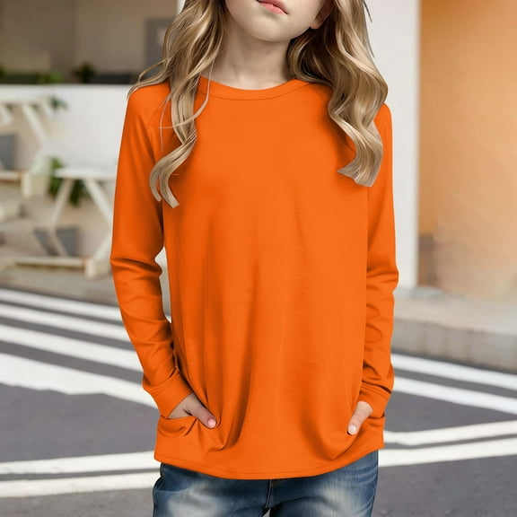 Letdown Kids Girls Long Sleeve Shirts Crew Neck Solid Side Pockets Baggy Tops Casual Tee Tshirts Cute Spring Fall Blouse Tees (Orange,5-6 Years)