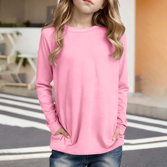 Letdown Kids Girls Long Sleeve Shirts Crew Neck Solid Side Pockets Baggy Tops Casual Tee Tshirts Cute Spring Fall Blouse Tees (Pink,7-8 Years)