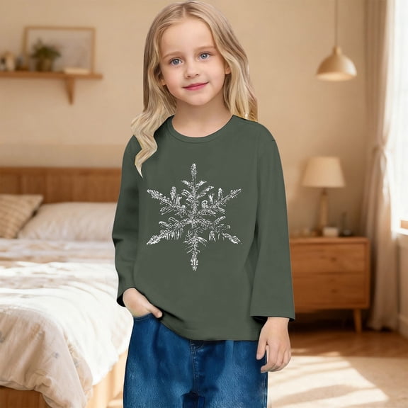Letdown Kids Girls Long Sleeve Shirts Crewneck Snowflake Print Slim Fit Tops Christmas Casual Tee Shirt (Army Green,2-3 Years)