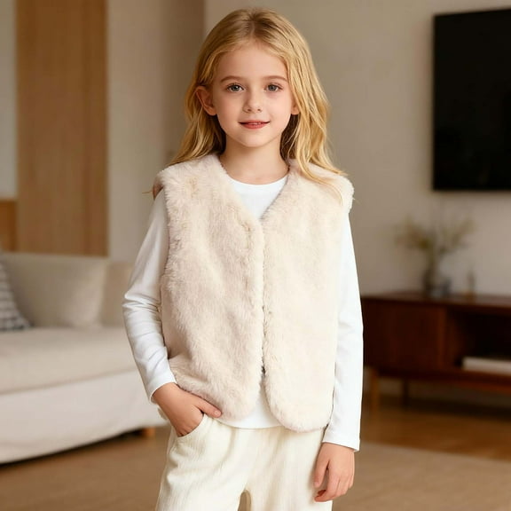 Letdown Kids Girls Plush - Vest Winter Padded Open Front Sherpa Sleeveless Outerwear Toddler Thick Fuzzy Warm Jackets (Beige,6-7 Years)