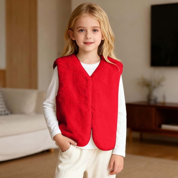 Letdown Kids Girls Plush - Vest Winter Padded Open Front Sherpa Sleeveless Outerwear Toddler Thick Fuzzy Warm Jackets (Red,9-10 Years)
