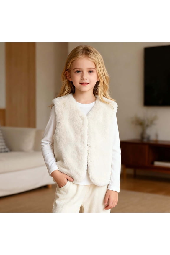 Kids Girls Plush - Vest Winter Padded Open Front Sherpa Sleeveless Outerwear Toddler Thick Fuzzy Warm Jackets (White,6-7 Years)