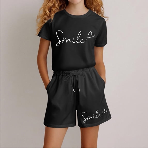 Letdown Kids Girls Summer Casual Letter Print Short Sleeve Set With Pocket For Tee Shirts Top And Pocket Shorts Pants Summer Outfits For Boys And Girls Daily Wear Back To School