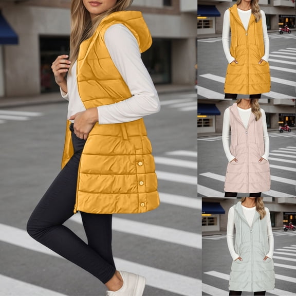 Letdown Long Puffer Vest Women Sleeveless Hooded Puffer Jacket Lightweight Quilted Jackets Winter Warm Zip Up Coat Outerwear with Pockets (Yellow, S)