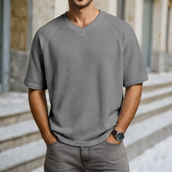 Letdown Men Classic Short Sleeve Tee, Men’s Waffle V-Neck T-Shirts, Vintage Shirts, Men’s T Shirts, Solid Tee (Grey,L)