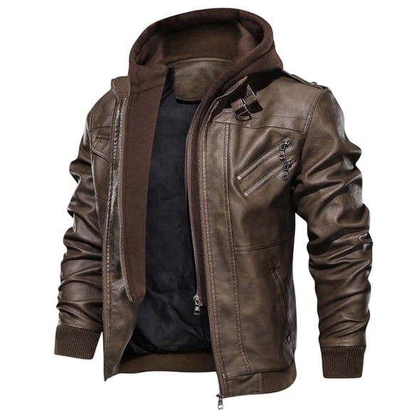 Letdown Men Coffee Leather Motor_cycle_Jacket with Hood Water_proof Wind_proof PU Moto Vintage Bomber Hoodie Leather BomberJacket (Coffee,XXXXXL)