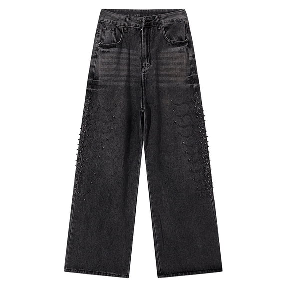 Letdown Men Graffiti Baggy Jeans Retro Washed Denim Pants Drop Crotch Baggy Trousers With Rhinestone Embellishments Distressed Wide Leg Casual Bottoms Y2K Skater Trousers - d-Black,XL