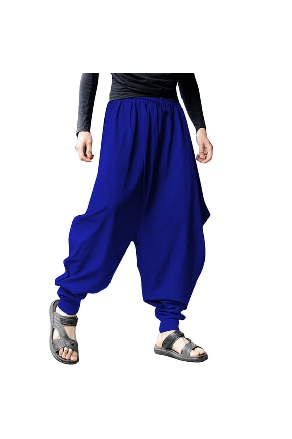 Men Hippie Harem Pants Baggy Linen Boho Yoga Pants Summer Beach Pants Casual Drop Crotch Trouser Casual Loose Wide Leg Lounge Bottoms