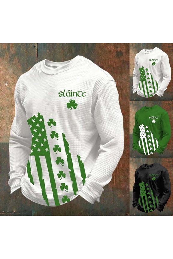 Men St Patrick Graphics T-Shirt, Men's Long Sleeve Casual Lightweight Saint Patty Irish Shirts Soft Stretch Basic Tees Spring Fall Tops (#01-White,L)