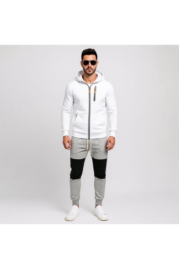 Mens 2 Piece Tracksuit Plain Casual Zip up Full Sleeve Jogging Outfit For Men Casual Athletic Jogging Warm Up Sets (White, M)