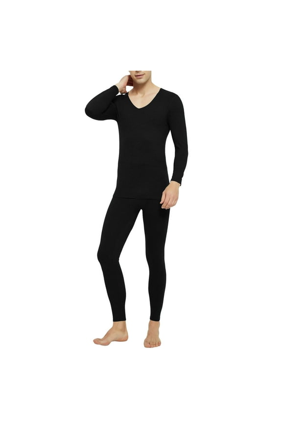 Men's Cotton Base Layer Thermal Underwear Sets Lined Soft Thermal Underwear Base Layer Pajamas Clothes Base Layer Cold Weather Top Bottom (A-Black, XXXL)