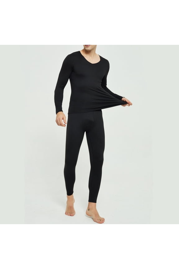 Men's Cotton Base Layer Thermal Underwear Sets Long Sleeve Solid Breathable Warm Base Layer Long Johns Set Base Layer Cold Weather Top Bottom (Black, L)