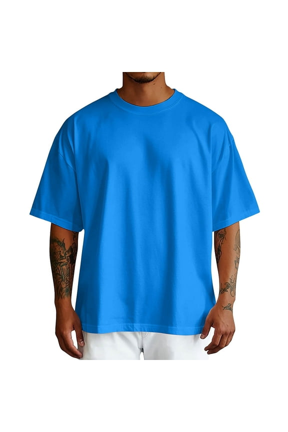 Men's Drop Shoulder T-Shirt, Cotton Blend Baggy Fit Short Sleeve Crewneck, Basic Plain Tee (BU1,L)