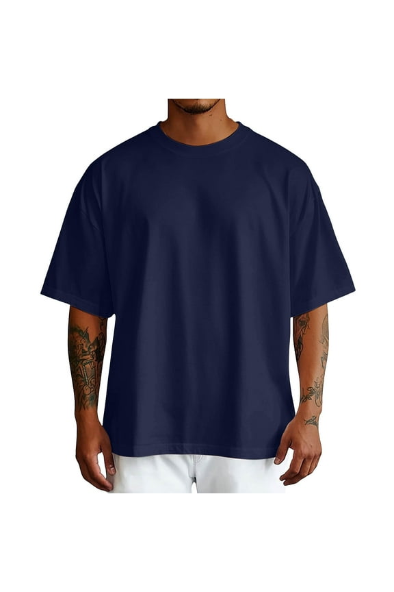 Men's Drop Shoulder T-Shirt, Cotton Blend Baggy Fit Short Sleeve Crewneck, Basic Plain Tee (BU2,S)