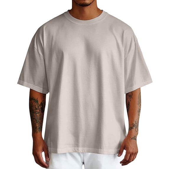 Letdown Men's Drop Shoulder T-Shirt, Cotton Blend Baggy Fit Short Sleeve Crewneck, Basic Plain Tee (Light Gray,L)