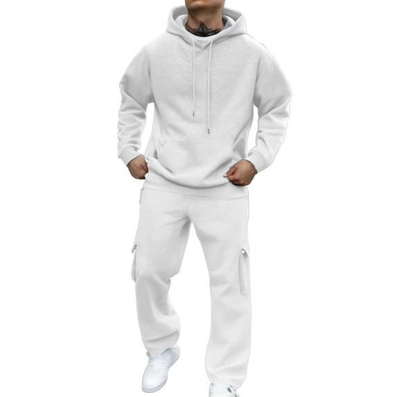 Letdown Men's Hoodie Tracksuit 2 Pieces Set Athletic Casual Hooded Sweatshirt and Cargo Pants Joggers Set Sweatsuit Outdoor Outfits - White,XXL