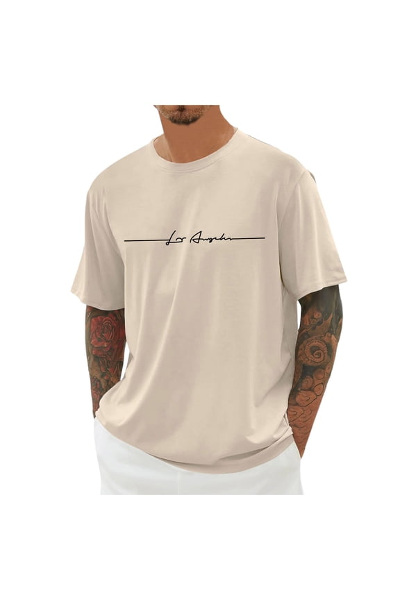 Men's Lightweight Oversized Graphic Tee, Drop Shoulder Short Sleeve T-Shirt, Casual Streetwear Round Neck Top (Beige,L)