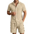 thumbnail image 1 of Letdown Men's Linen 2 Piece Short Set Summer Lightweight Beach Outfits Hollow Out Button Down Shirt and Shorts Solid Color Matching Sets, 1 of 5