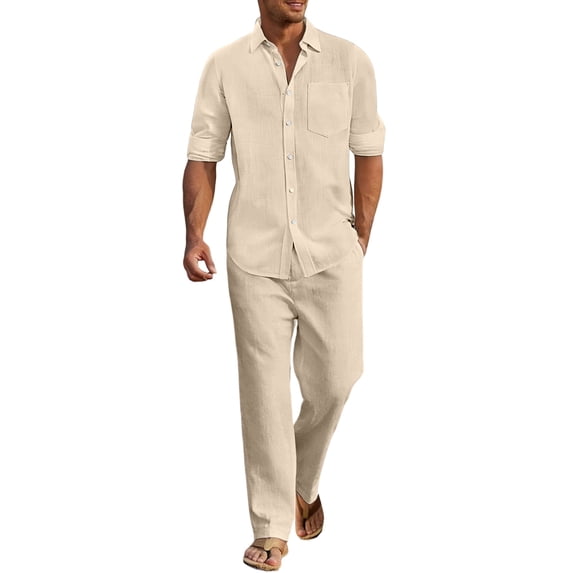 Letdown Men's Linen Sets 2 Piece Outfits Casual Long Sleeve Button Down Shirts and Pants Summer Beach Vacation Outfits Indoor Outdoor Fall Loungewear