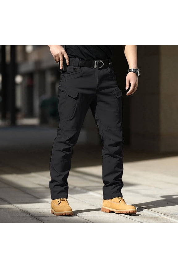 Men's Tactical Cargo Pants Stretch Softshell, Slim Fit Lightweight Outdoor Work Pants with _Pockets (Black,L)