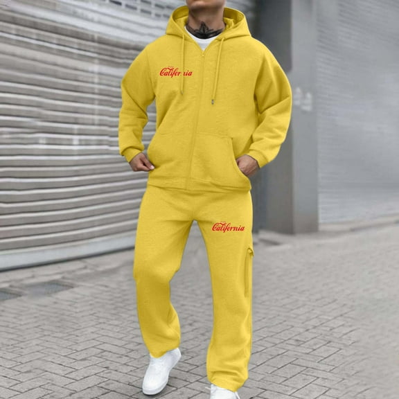 Letdown Men's Tracksuits Sweatsuits for Men Track Suits 2 Piece Set Casual Full Zip Jackets and Shorts Set Athletic Jogging Fall Winter Tracksuit (Yellow, L)
