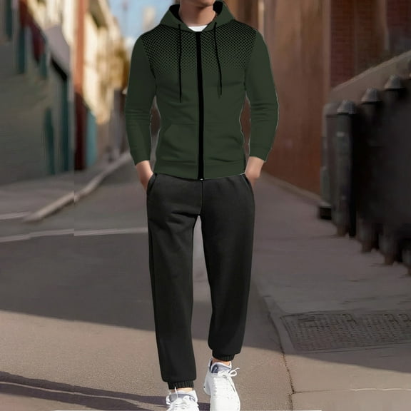 Letdown Men's Winter Hooded Tracksuit Set Long Sleeve Dot Print Zip Up Jacket And Gray Sweatpants 2 Piece Hoodie Sets With Pockets (Army Green-2, XXL)