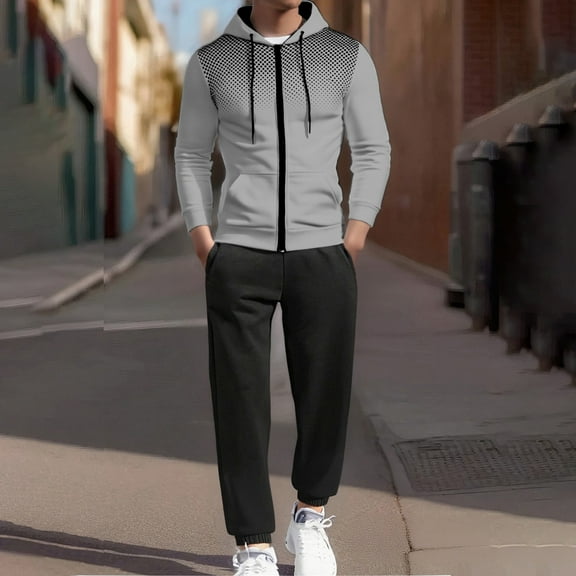 Letdown Men's Winter Hooded Tracksuit Set Long Sleeve Dot Print Zip Up Jacket And Gray Sweatpants 2 Piece Hoodie Sets With Pockets (Light Gray-2, M)
