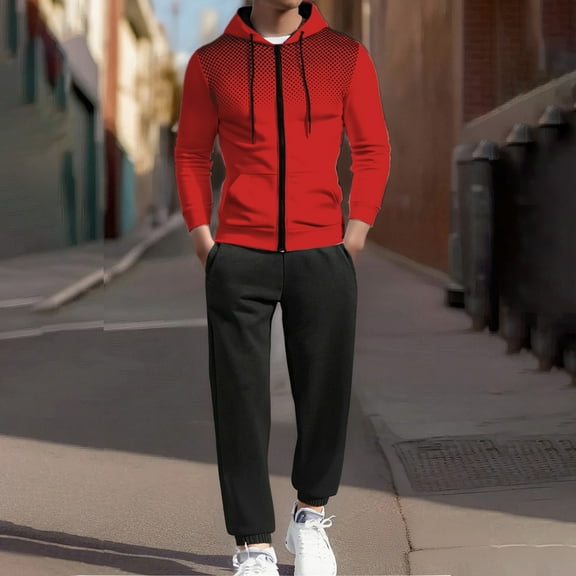 Letdown Men's Winter Hooded Tracksuit Set Long Sleeve Dot Print Zip Up Jacket And Gray Sweatpants 2 Piece Hoodie Sets With Pockets (Red-2, XXL)