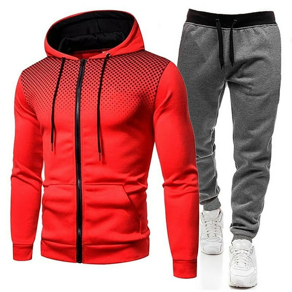 Letdown Men's Winter Hooded Tracksuit Set Long Sleeve Dot Print Zip Up Jacket And Gray Sweatpants 2 Piece Hoodie Sets With Pockets (Red-1, M)