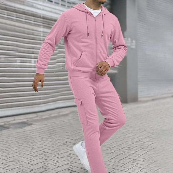 Letdown Mens 2 Piece Jacquard Sweatsuit Outfits Full Zip Sweatsuit Workout Solid Jacquard Jogging Suit Set Jogging Tracksuit Mens (Pink, M)