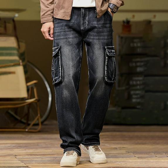 Letdown Mens Baggy Cargo Jeans Wide Leg Streetwear Denim Pants Loose Fit Jeans Casual Long Trousers with 6 Pockets (Black,28)