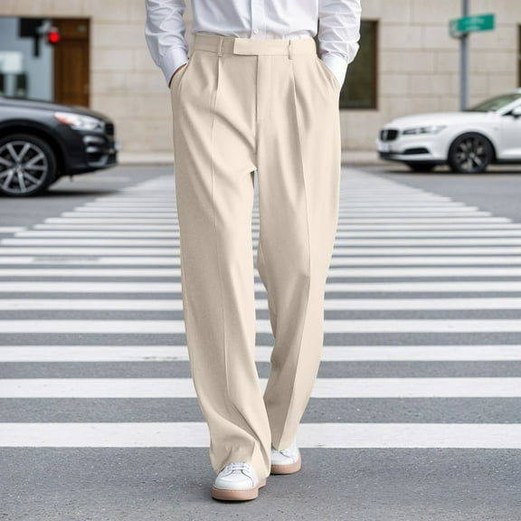 Letdown Mens Baggy Dress Pants Casual Pleated Wide Leg Slacks Relaxed Fit Fashion Vintage Work Office Trousers with Pockets (Beige, M)