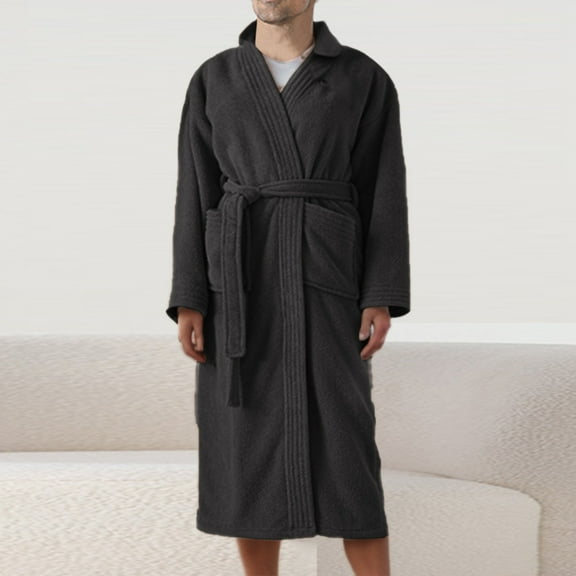 Letdown Mens BathRobes Flock Terry Bathrobe Kimono Spa Bathrobe Long Nightgown with Belt Plush Sleepwear Lounge Sets (#05-Black,L)