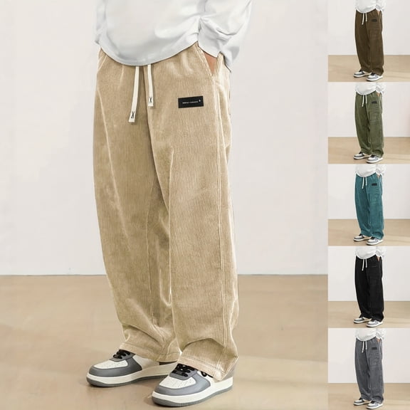 Letdown Mens Corduroy Pant Drawstring Elastic Waist Slim Fit Sweatpants 3 Pockets Soft Pjs Lounge Bottoms (Khaki,S)
