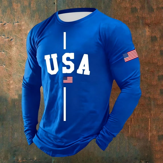 Letdown Mens Crewneck Shirts Long Sleeve Casual T-Shirts U_S_A_Letter A_merica_F|ag_Print Basic Classic Vintage Tee Shirts Tops (02-Blue, XXXXL)