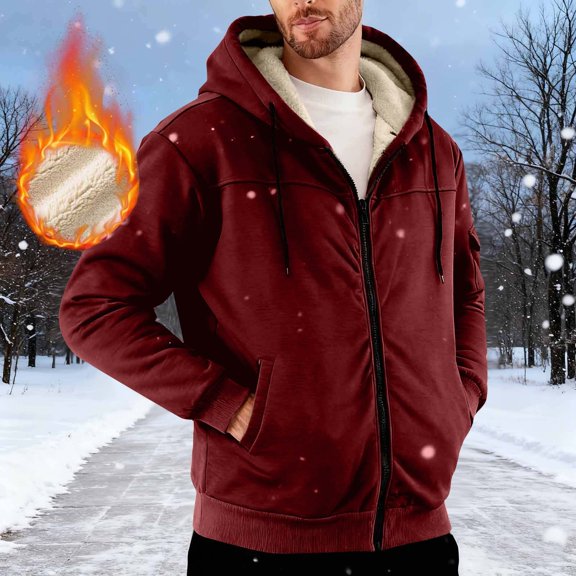 Letdown Mens Lined Hoodie Sherpa Fuzzy Casual Full Zip Up Long Sleeve Jacket Winter Warm Cozy Thermal Solid Sweatshirts Coats (Red,L)