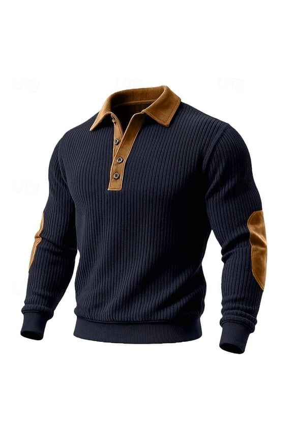 Mens Long Sleeve Henley T Shirt Ribbed Knit Casual Button Collar Solid Pullover Top with Elbow Patch (Navy,XL)