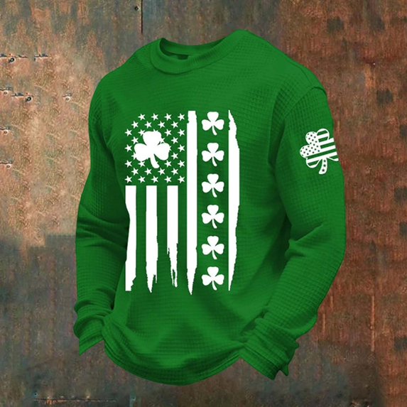 Letdown Mens Long Sleeve St Patricks Day Shamrock T Shirts Crew Neck Casual Waffle Knit Pullover Tee (Green,XXXXL)