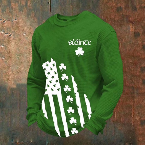 Letdown Mens Long Sleeve St Patricks Day T Shirts Crew Neck Casual Basic Waffle Knit Pullover Tee (Green,XL)