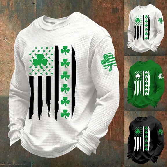 Letdown Mens Long Sleeve St Patricks Day T Shirts Crew Neck Waffle Knit Lightweight Pullover Tee (White,S)