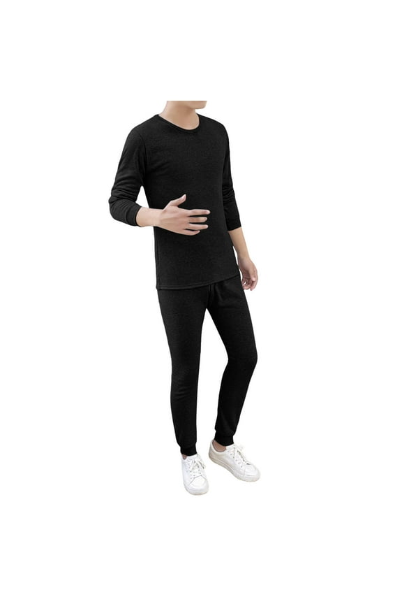 Mens Waffle Thermal Underwear Thermal Base Layer Crewneck Top Pants with Fly Long Underwear Warm Base Layer for Winter Skiing Hunting (Black, M)