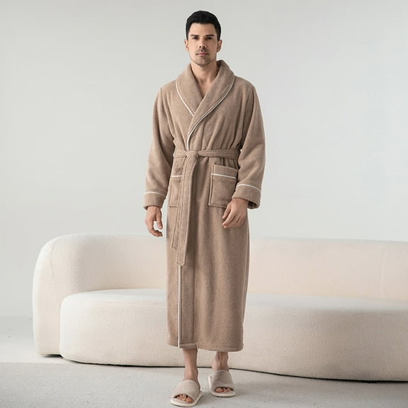 Letdown Mens Robe Plush Thick Plush Cloth Housecoat Terry Toweling, Sweat Steaming Clothes Comfortable & Warm, Fluffy Bathrobe with Belt & 2 Pockets Plush Sleepwear Lounge Sets (#07-Khaki,L)