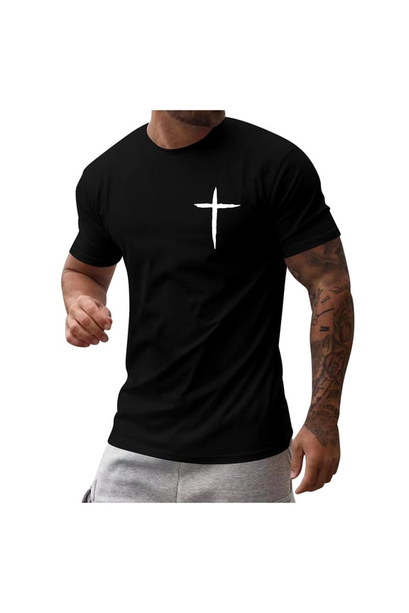 Mens Short Sleeve T-Shirts Crew Neck Jesus Cross Printed Shirts Faith Shirts