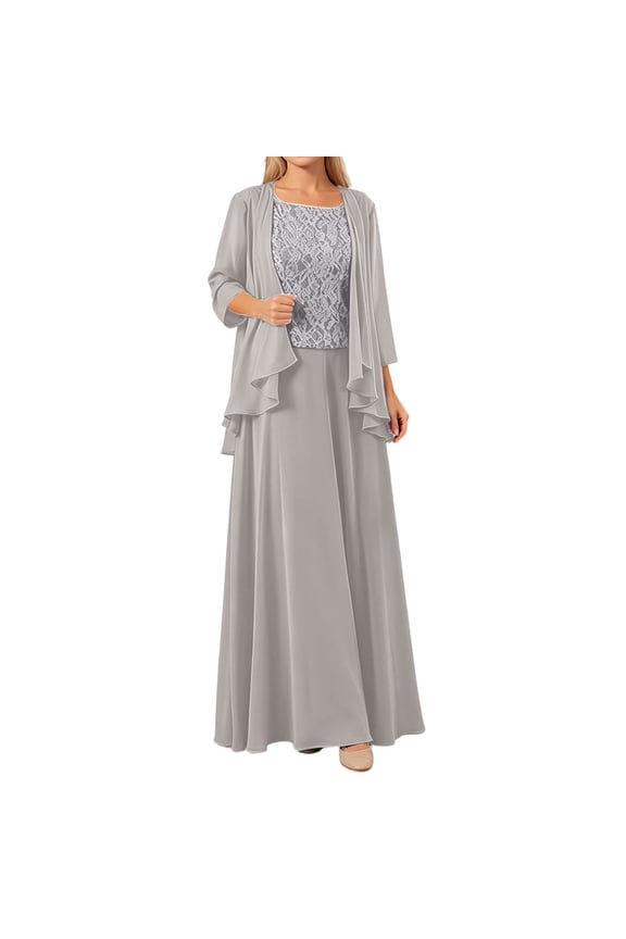 Mother of The Bride Dresses 3 PCS 3/4 Sleeves Lace Appliques Chiffon Grandma of The Groom Maxi Dress with Jackets