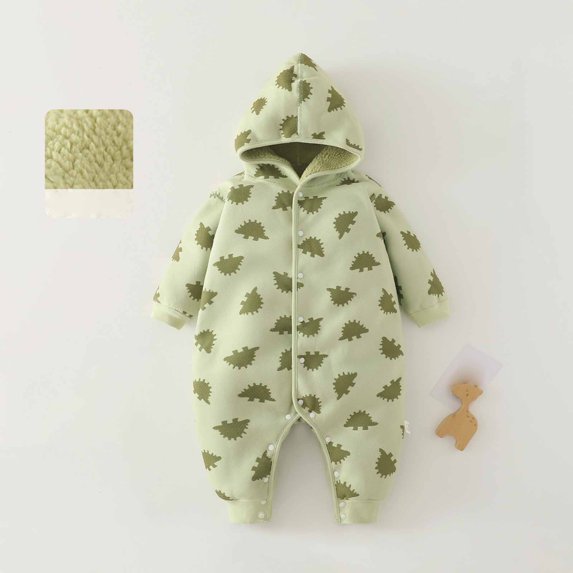 Letdown Baby Onesie Winter Romper with Hooded Button Up Baby Jumpsuit Lined Long Sleeve Cute Print Outfits (Green, 12-18 Months)