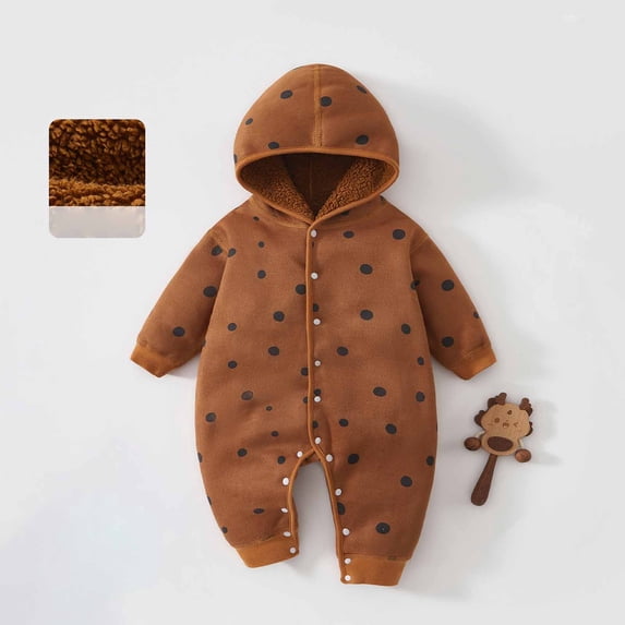 Letdown Baby Onesie Winter Romper with Hooded Button Up Baby Jumpsuit Lined Long Sleeve Cute Print Outfits (Brown, 6-9 Months)