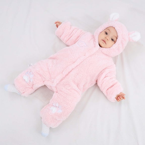 Letdown Baby Sherpa Outfit Girls Boys Winter Clothes Hooded Romper Snowsuit Clothes Button Down Bunting Suit with Elastic (Pink,0-3 Months)